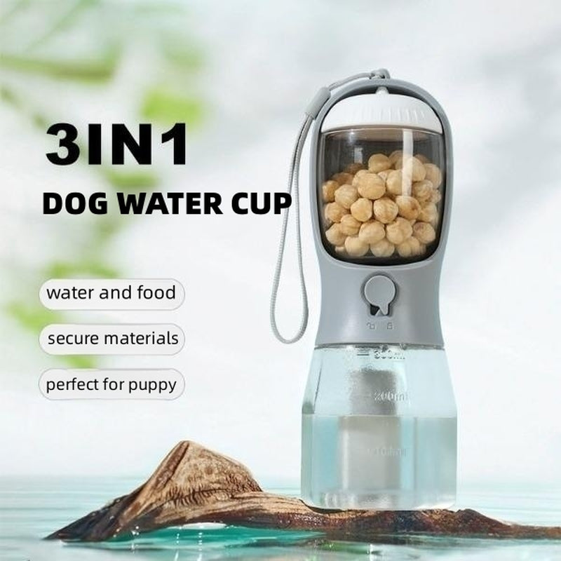 3-in-1 Portable Pet Water Bottle with Food Container & Waste Bag Holder – Leak-Proof Travel Bottle for Dogs & Cats