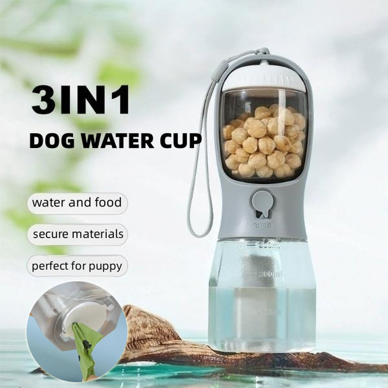 3-in-1 Portable Pet Water Bottle with Food Container & Waste Bag Holder – Leak-Proof Travel Bottle for Dogs & Cats